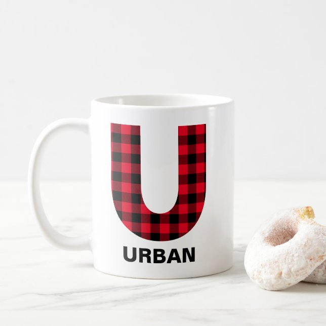 Mug Rouge Buffalo Carreaux Gras Initial U Monogramme (Avec donut)