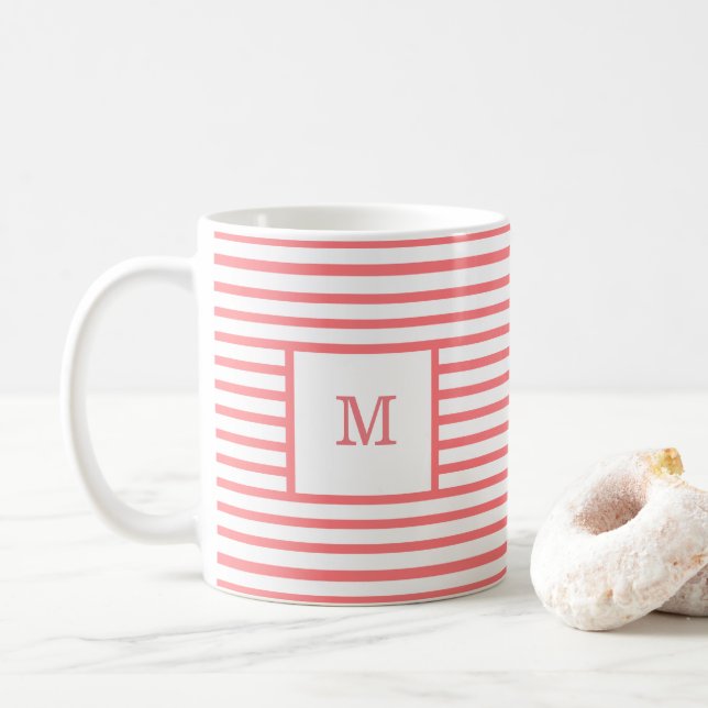 Mug Rouge Corail et Rayures Blanches Monogramme Person (Avec donut)