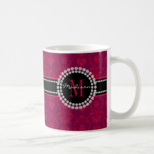 Mug Rouge cramoisi, damassé magenta, nom et monogramme