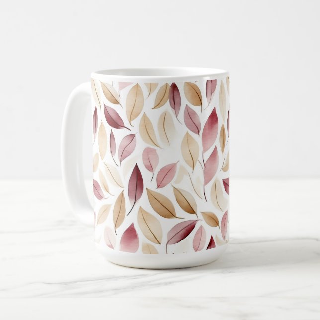 Mug Rouge Crémeux Doré Feuilles Rouges  (Devant gauche)