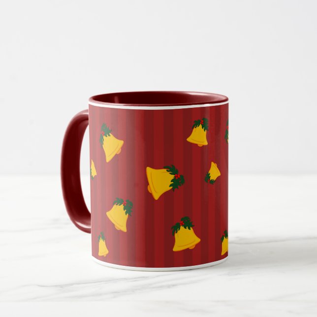 Mug Rouge de vacances Or Bells Stripe Noël (Devant gauche)