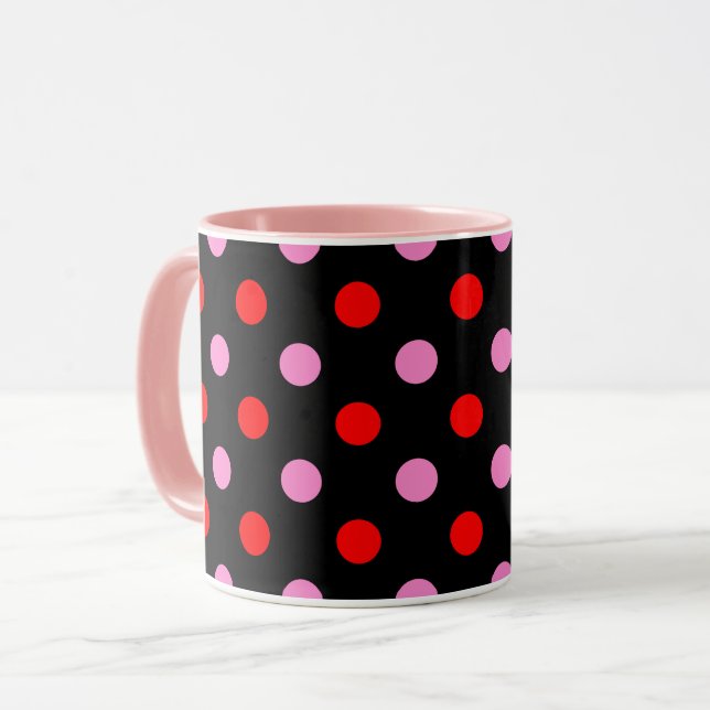 Mug Rouge et rose sur fond noir à pois design  (Devant gauche)