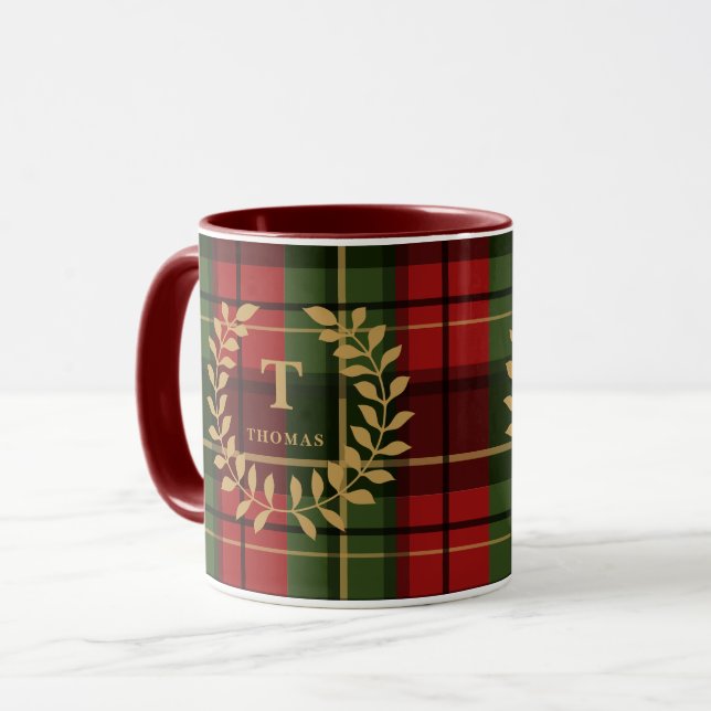 Mug Rouge et vert à carreaux avec couronne de monogram (Devant gauche)