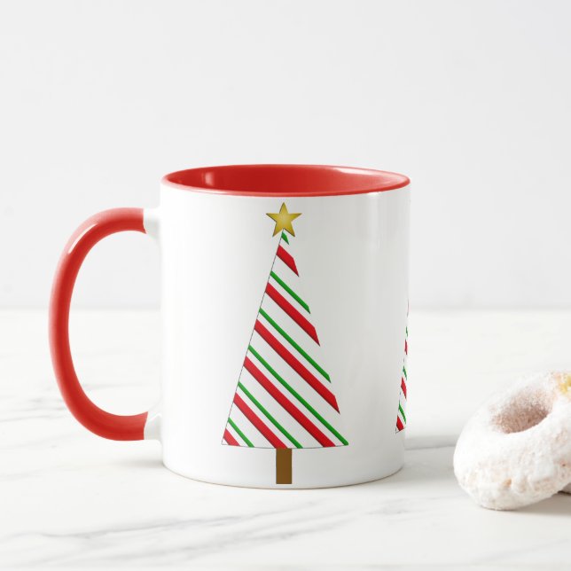 Mug Rouge et vert rayures Arbre de Noël moderne (Avec donut)