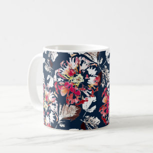 Mug Rouge, fleurs blanches sur bleu.