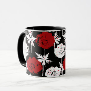 Mug Rouge, fleurs blanches sur noir