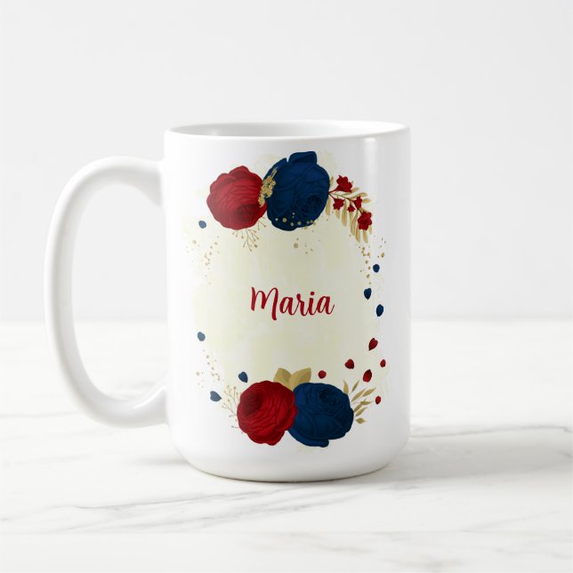 Mug rouge & fleurs bleu marine feuilles d'or mariage (Gauche)