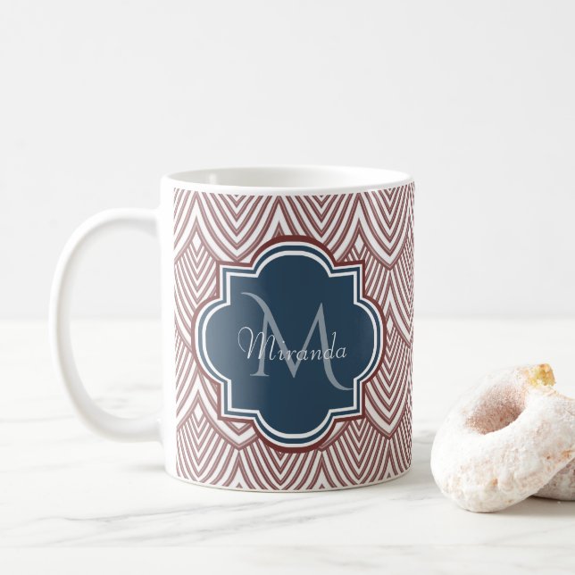Mug Rouge foncé Déco pétoncles bleu marine Monogramme  (Avec donut)