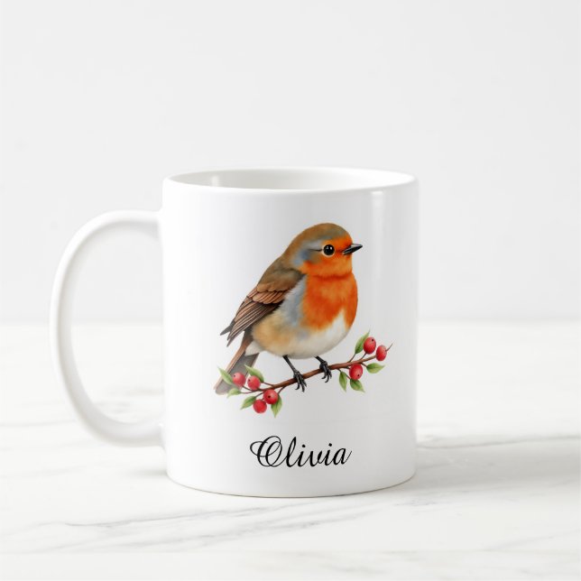 Mug Rouge-gorge aquarelle vibrant sur branche de houx  (Gauche)