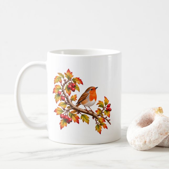 Mug Rouge-gorge automne botanique conception d'oiseau (Avec donut)