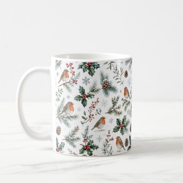 Mug Rouge-gorge d'hiver Cône de pin Houx Nature Botani (Gauche)