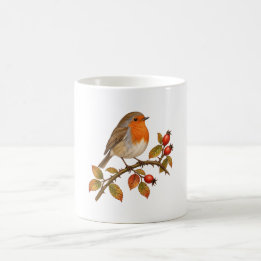 Mug Rouge-gorge européen parmi les cynorhodons d'autom