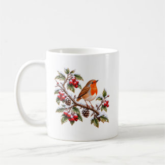 Mug Rouge-gorge familier sur branche hivernale enneigé