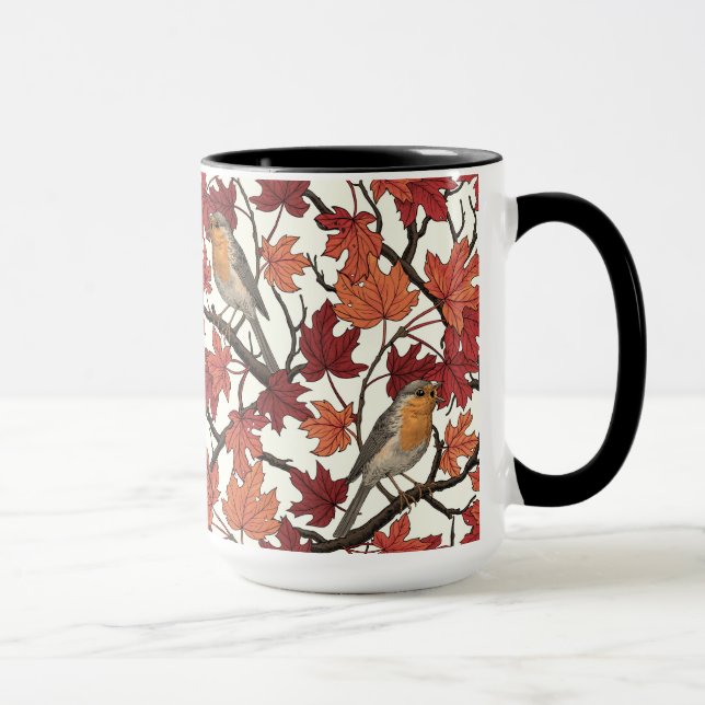 Mug Rouge-gorges dans un érable sur fond blanc cassé (Droite)
