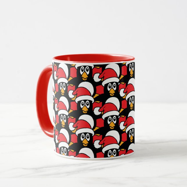 Mug Rouge mignon de motif de pingouins de Noël (Devant gauche)