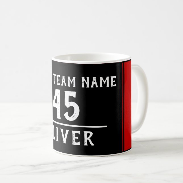 Mug Rouge Noir avec nom et numéro d'équipe (Devant droit)