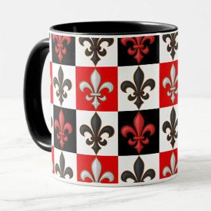 Mug Rouge Noir Blanc À damiers Fleur de lis Design