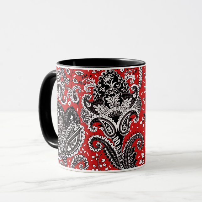 Mug Rouge Noir & Blanc Floral Paisley Bohème Boho (Devant gauche)