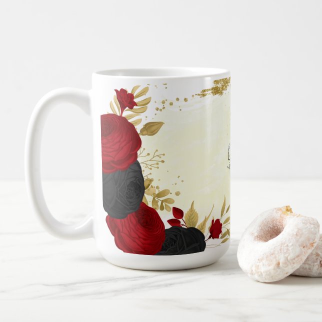 Mug rouge  noir & or floral mariage (Avec donut)