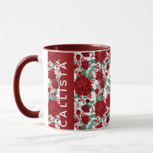 Mug Rouge Poinsettia Fleurs Ivy Feuille Aquarelle Nom