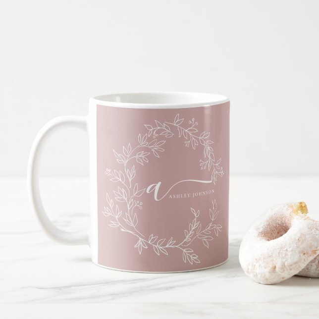 Mug Rouge Poussiéreux Rose Féminin Monogramme Nom Mode (Avec donut)