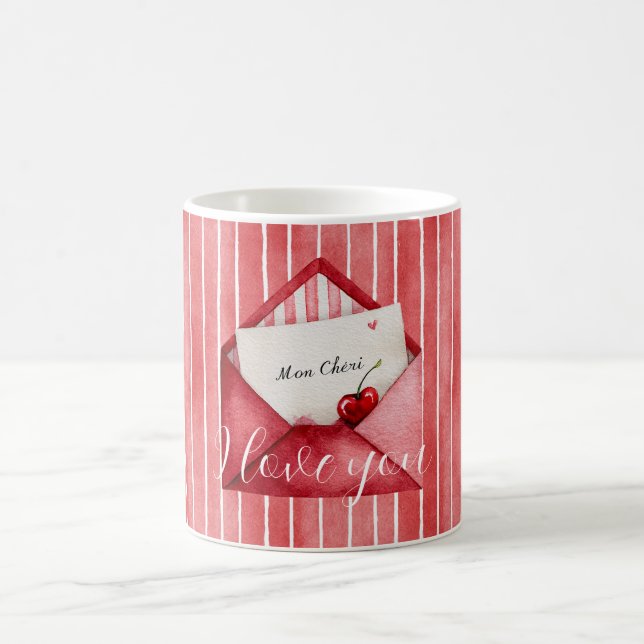Mug Rouge romantique rayures blanches Mon Cheri Amour (Centre)
