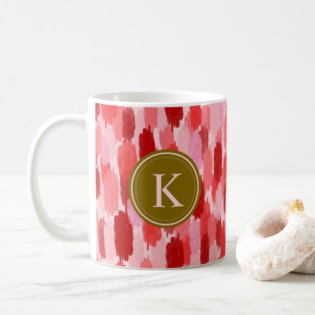 Mug Rouge rose Abstrait brosses Motif Monogramme (Avec donut)