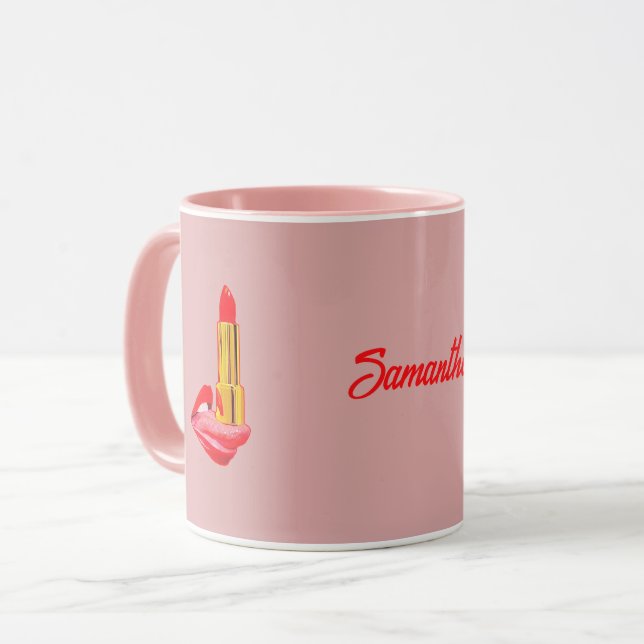 Mug Rouge rouge à lèvres sur la langue rose avec nom p (Devant gauche)