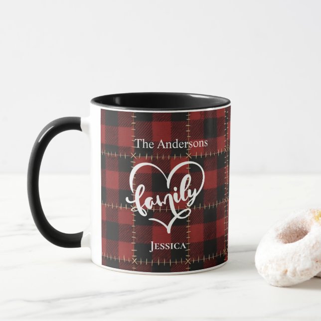 Mug Rouge rustique à carreaux de buffle Nom de famille (Avec donut)