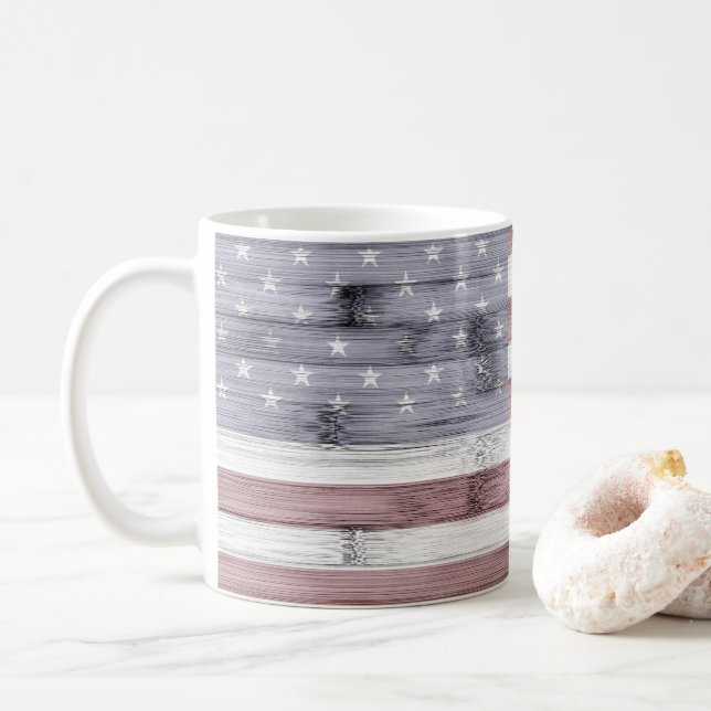 Mug Rouge rustique Blanc Bleu Bois drapeau États-Unis  (Avec donut)