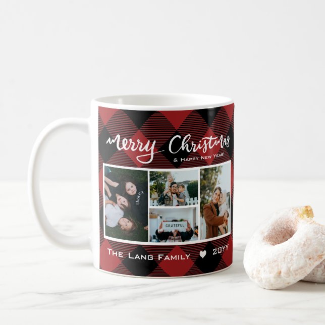 Mug Rouge rustique Buffle noir Plaid Photo Noël (Avec donut)