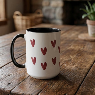 Mug Rouge rustique et motif de cœurs noirs bicolore