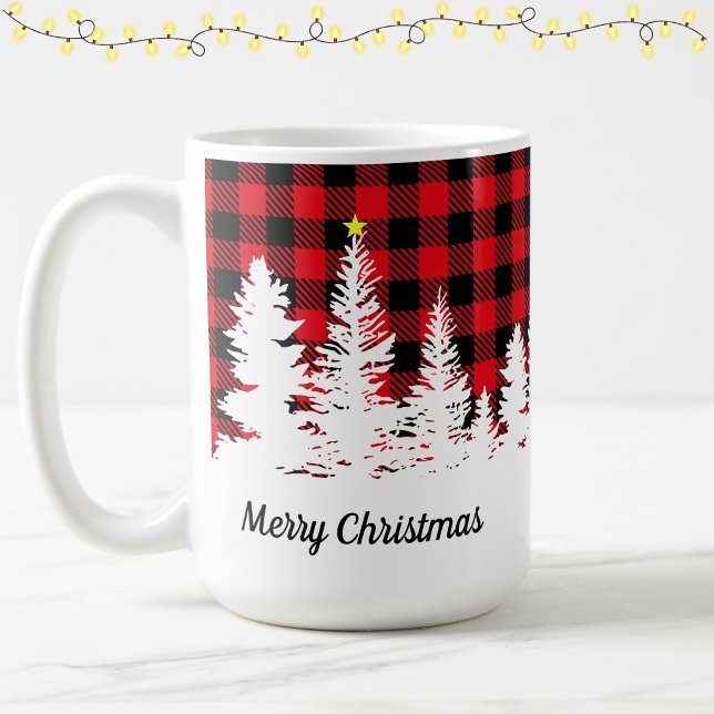 Mug Rouge rustique plaid buffalo forêt Joyeux Noël  (Créateur téléchargé)