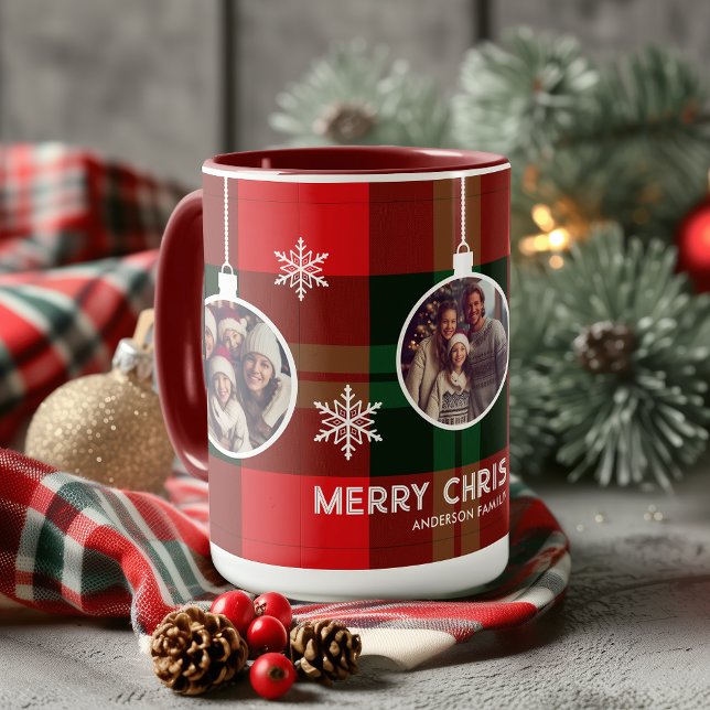 Mug Rouge Vert Carreaux De Buffalo Photo Noël  (Red Green Plaid Buffalo Check Photo Christmas Mug)