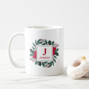 Mug Rouge Vert Floral Élégant Monogramme Nom Noël