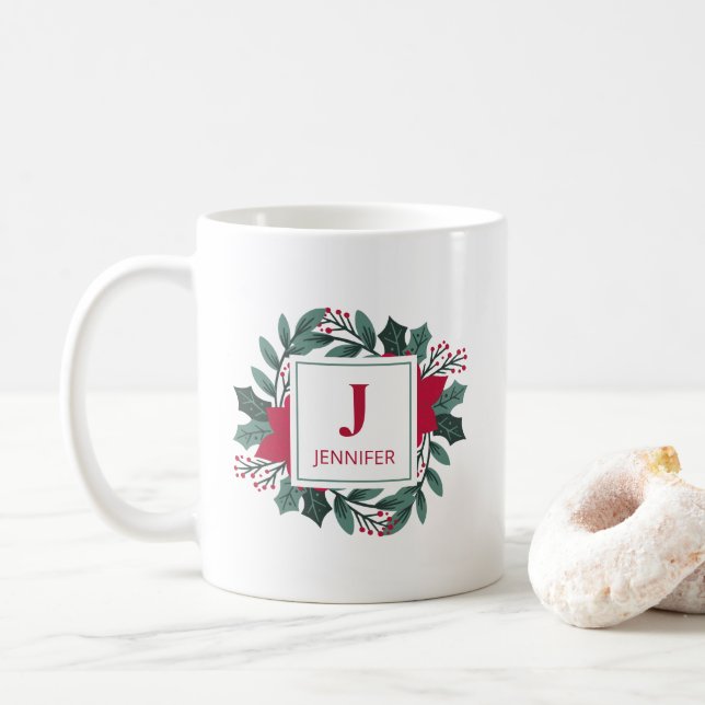 Mug Rouge Vert Floral Élégant Monogramme Nom Noël (Avec donut)