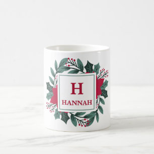 Mug Rouge Vert Floral Élégant Monogramme Nom Noël