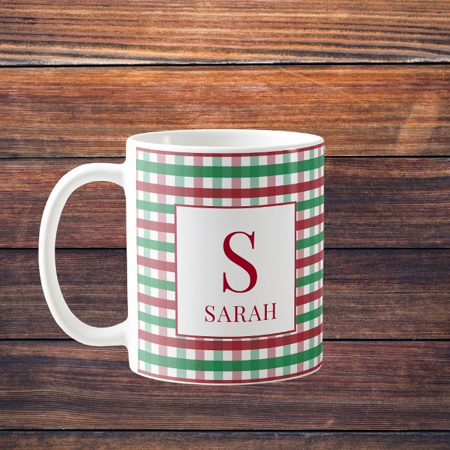 Mug Rouge & Vert Gingham Carreaux Monogramme Nom (Red & Green Gingham Plaid Monogram Name Coffee Mug
)