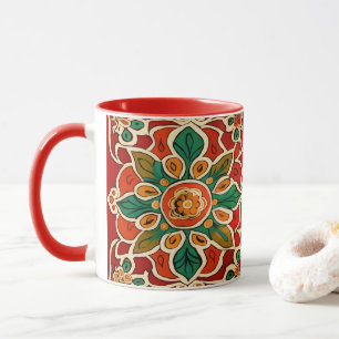 Mug Rouge Vert Orange Jaune Azulejos Motif Floral