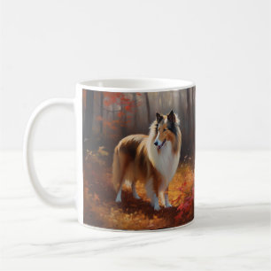 Mug Rough Collie dans les feuilles d'automne qui tombe