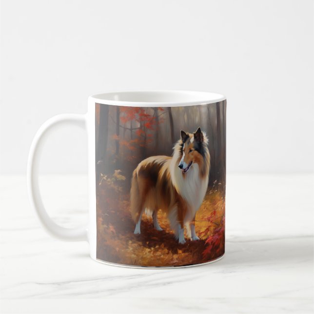 Mug Rough Collie dans les feuilles d'automne qui tombe (Gauche)