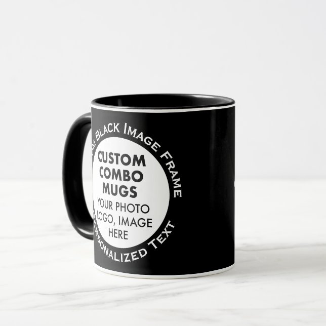 Mug Round Frame 2 x Photo + Text Black Custom Combo (Devant gauche)