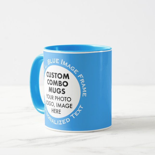 Mug Round Frame 2 x Photo Text Light Blue Custom Combo (Devant gauche)