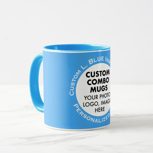 Mug Round Frame Photo + Text Light Blue Custom Combo (Devant gauche)