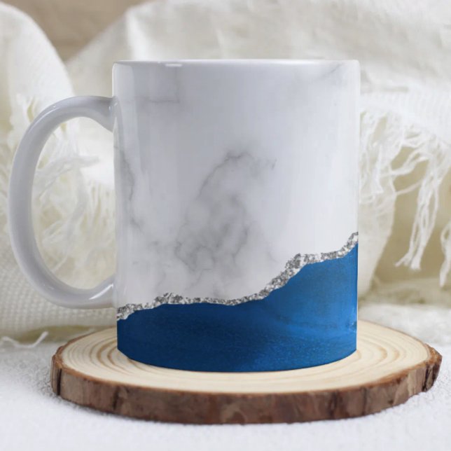 Mug Royal Blue Agate Silver Glitter White Marble  (Créateur téléchargé)