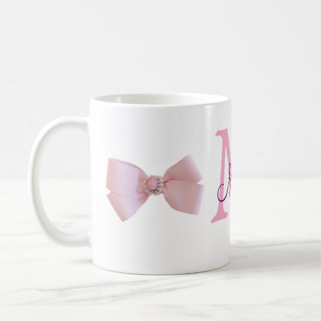 Mug ruban rose monogramme demoiselle d'honneur moderne (Gauche)