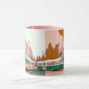 Mug rue de ville animée avec des bus et des bâtiments