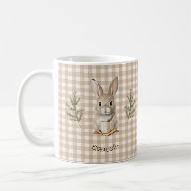 Mug Rural Lapin Mignon Gingham Brun Personnalisé (Gauche)