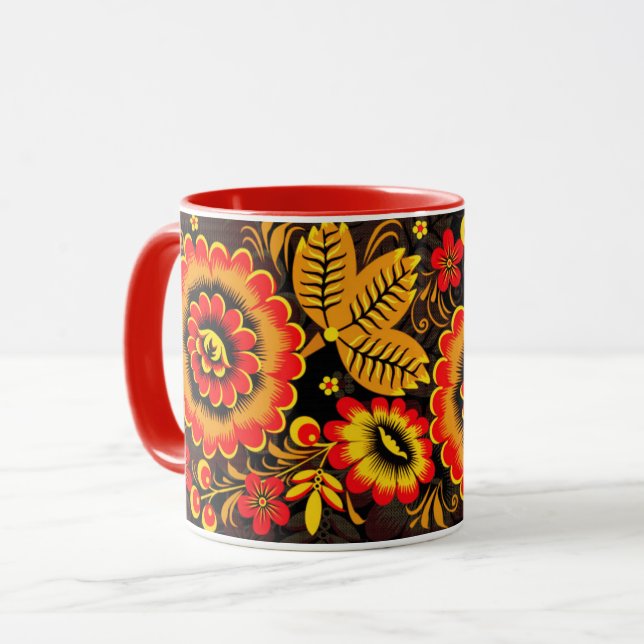 Mug Russe Khokhloma Motif Noir Rouge Botanique (Devant gauche)
