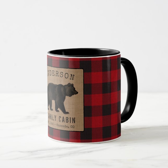 Mug Rustic Bear Family Cabine Red Buffalo Plaid Burlap (Devant droit)